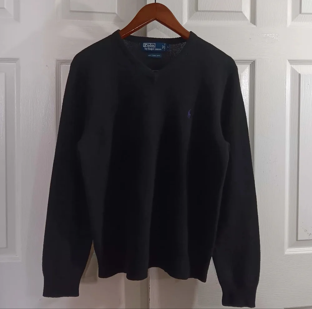 Polo Ralph Lauren XL Men's Large V-Neck Black Sweater Lambswool Classic Preppy - Picture 1 of 7